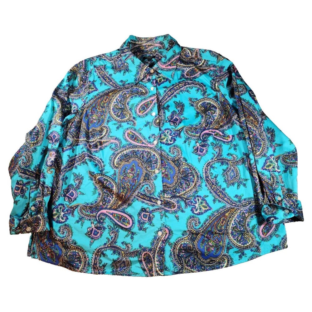 Talbots Blouse Women 2Xp Turquoise Blue Paisley Floral Button Up Long Sleeve